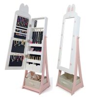 Kids 43.5" Standing Jewelry Organizer with Full Length Mirror & Fabric Drawer, White