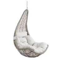 Moon-Shaped Outdoor Wicker Porch Swing Hanging Chair with Beige Cushion