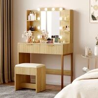 VINGLI 33-in Fluted Makeup Vanity Desk with Mirror Lights Power Outlet 2 Drawers and 4 Storage Shelves