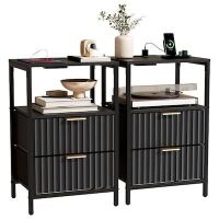 VINGLI 15W x 23.7H 2-PCs Fluted Nightstand with 2 Drawers 1 Shelf and Charging Station