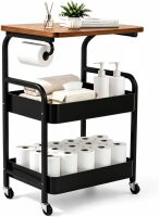 Freestanding Toilet Paper Holder with Storage | 3-Tier Cabinet with Tissue Holder & Mesh Basket | 360&deg;Silent Wheels, Carbon Steel, Black