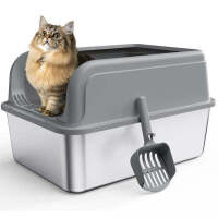 Powools Cat Litter Box, Stainless Steel High-Sided, 17.7 x 13.7 Inches, 6-Inch Deep Pan, with Litter Scoop, Gray