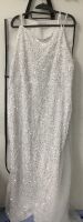 House of Chic Curve+Plus Women's Plus Size White Sequin Maxi Dress with Tulle Overlay, Spaghetti Strap Scoop Neck Floor-Length Formal Evening Gown