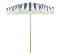 JONATHAN Y Mariner 6.5 ft. Classic Cottage Fringe Tassel Market Beach Umbrella in Green and White Stripe/Cream, Brown Pole