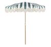 JONATHAN Y Mariner 6.5 ft. Classic Cottage Fringe Tassel Market Beach Umbrella in Green and White Stripe/Cream, Brown Pole