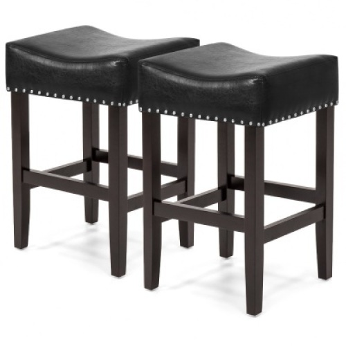 Set of 2 Backless Faux Leather Upholstered 26in Counter Stools w/ Silver Nailhead Trim - Black. Appear New