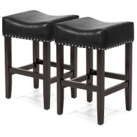 Set of 2 Backless Faux Leather Upholstered 26in Counter Stools w/ Silver Nailhead Trim - Black. Appear New