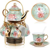 Zhehao 20 Pcs Porcelain Tea Set for Adult, with Metal Holder, Fresh European Ceramic Tea Party Set for Women, Floral English Teapot Cups Saucers Spoons, Vintage Tea Set Gift, Large Version