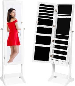 Standing Mirror Armoire, Lockable Jewelry Storage Organizer Cabinet w/ Velvet Interior, 3 Angle Adjustments 