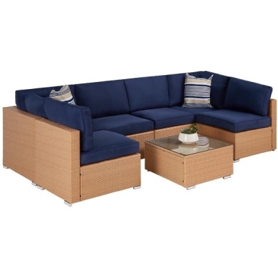 7-Piece Modular Wicker Sectional Conversation Set w/ 2 Pillows, Cover 