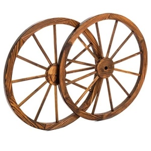 30-inch Set of 2 Decorative Old Western Wooden Garden Wagon Wheel w/ Steel Rims, Stained Finish 