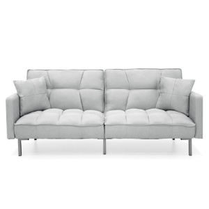 Convertible Linen Fabric Tufted Splitback Futon Couch w/ Pillows