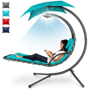 Hanging LED-Lit Curved Chaise Lounge Chair w/ Pillow, Canopy, Stand