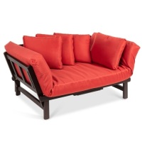 Outdoor Convertible Acacia Wood Futon Sofa w/ 4 Pillows, Removable Cushion&nbsp;
