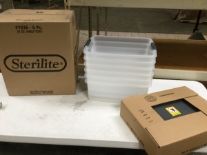 6-Pack of Sterilite 25 qt. Shelf Totes with Lids. One Tote is Damaged. 