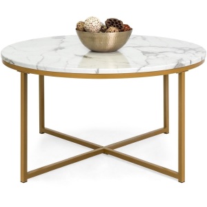 Round Coffee Table w/ Faux Marble Top, Metal Frame, 36in 