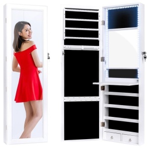 Door/Wall Mount Mirror Jewelry Cabinet Armoire w/ Inside Mirror, LED Lights 