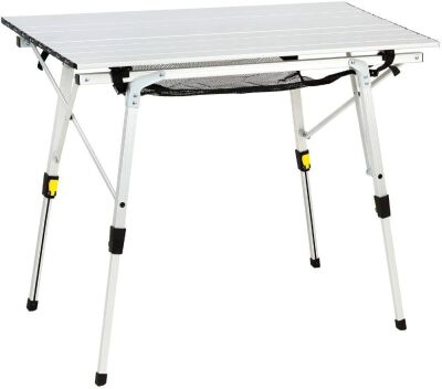 PORTAL Outdoor Folding Camping Table with Aluminum Legs, Adjustable Height, Roll Up Table Top, Mesh Layer