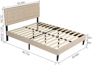 VECELO Queen Size Upholstered Platform Bed Frame with Height Adjustable Headboard/Mattress Foundation with Strong Slat Support