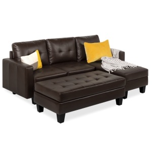 L-Shape Customizable Faux Leather Sofa Set w/ Ottoman Bench - Brown. Appears New