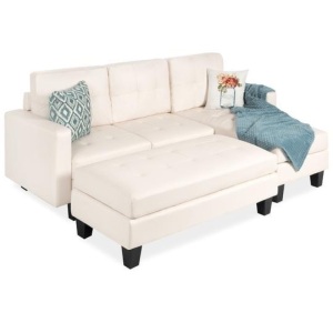 L-Shape Customizable Faux Leather Sofa Set w/ Ottoman Bench. Appears New