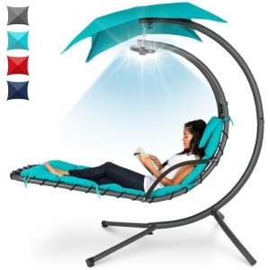 Hanging LED-Lit Curved Chaise Lounge Chair w/ Pillow, Canopy, Stand 