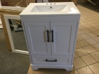 Style Selections&nbsp;Savannah 24-in White Single Sink Bathroom Vanity with White Porcelain Top (Mirror Included). Store Return Item with Some Touch-Up Paint on the Bottom. Appears Unused
