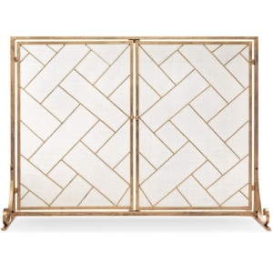 2-Panel Wrought Iron Geometric Fireplace Screen w/ Magnetic Doors, 44x33in 