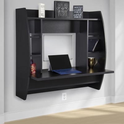 Wall Mount Floating Computer Desk With Storage Shelves  