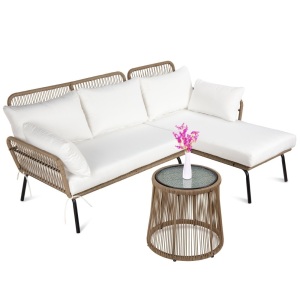 Rope Woven Sectional, L-Shape Sofa Set w/ Detachable Lounger, Table 