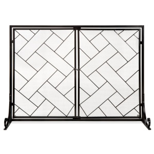 2-Panel Wrought Iron Geometric Fireplace Screen w/ Magnetic Doors, 44x33in 