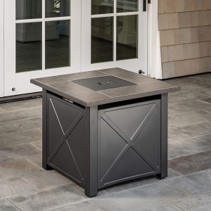 Hanover Top Naples 40,000 BTU Outdoor Gas 30" Square Ceramic-Tile Fire Pit Table with Burner Cover and Lava Rocks