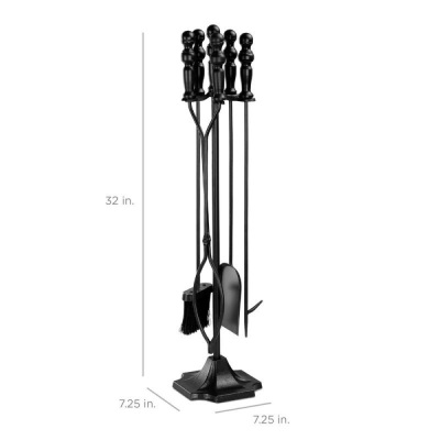 BCP 5-Piece Rustic Iron Fireplace Tool Set w/ Tongs, Poker, Broom, Shovel and Stand