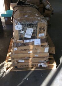 Pallet of Uninspected E-Commerce Returns Including (2) Bed Frames, (2) Desks, (1) Folding Office Table, (1) Trampoline & (1) Tent 