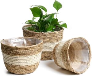 Lot of (6) Handmade Seagrass Planter Baskets, 3 Pack 