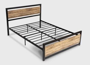 Heavy Duty Metal Bed Frame with Modern Wooden Headboard & Footboard, Full 