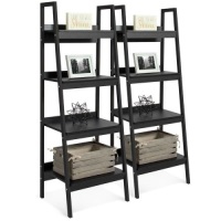Set of 2 Wooden 4-Shelf Open Ladder Bookcase Displays w/ Metal Framing. Appears New