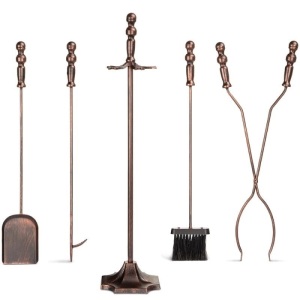 5-Piece Rustic Iron Fireplace Tool Set w/ Tongs, Poker, Broom, Shovel, Stand 