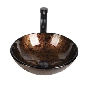 Brown Glass Round Vessel Sink With Hand-Painted Pattern