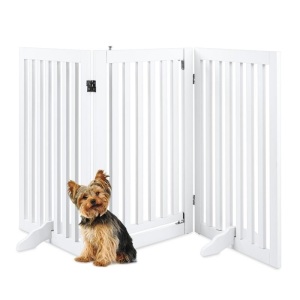 31.5in 3-Panel Freestanding Wooden Pet Gate w/ Door, Support Feet 