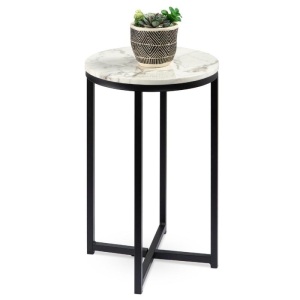 Round Coffee Side Table w/ Faux Marble Top, Metal Frame, 16in 