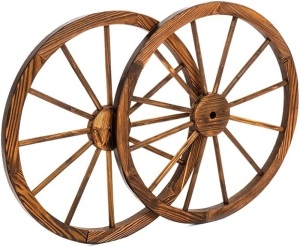 30-inch Set of 2 Decorative Wall Accent Old Western Wooden Garden Wagon Wheel w/Steel Rims, Stained Finish, Brown