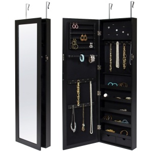 Mirrored Lockable Jewelry Cabinet Armoire Organizer w/ Door Hanging Hooks, Wall Mount, Keys 