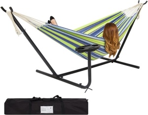 Double Hammock Set w/ Steel Stand, Cup Holder, Tray, and Carrying Bag 