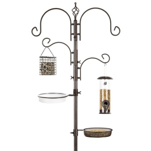 91in 4-Hook Bird Feeding Station, Steel Multi-Feeder Stand w/ 2 Bird Feeders 