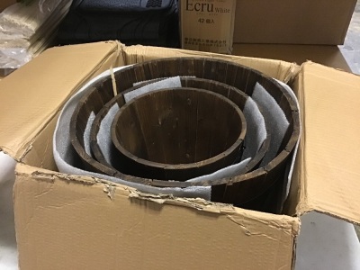 Set of 3 Rustic Wood Bucket Barrel Garden Planters Set w/ Drainage Holes. New with Damage on One