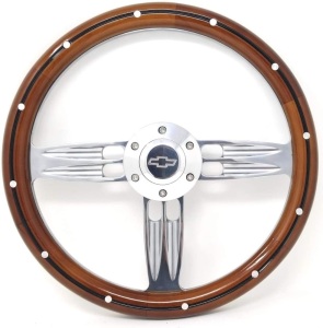 Forever Sharp 14" Inch Billet Polished & Wood Steering Wheel Bowtie Horn, 6 Hole 