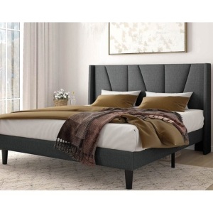 Amolife Queen Size Upholstered Platform Bed Frame with Wingback & Geometric Headboard, Dark Grey 