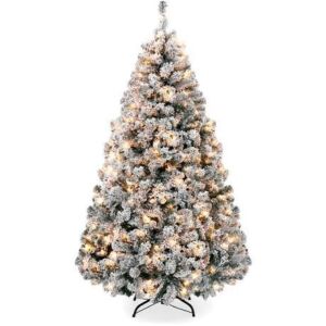 7.5' Pre-Lit Snow Flocked Artificial Pine Christmas Tree w/ Warm White Lights