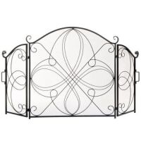 3-Panel Wrought Iron Metal Fireplace Screen Cover w/ Scroll Design, 55x33in